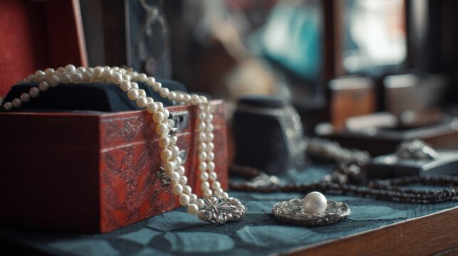 Vintage wooden box with pearl jewelry and luxury accessories for fashion glamour antique and treasure visuals