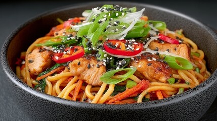 Delicious Bowl of Authentic Dan Dan Noodles with Tender Chicken and Fresh Herbs Garnish