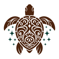 Decorative tribal turtle top view vector illustration with mandala-inspired patterns and surrounding stars. Perfect for marine-themed designs, tattoos, or summer decor