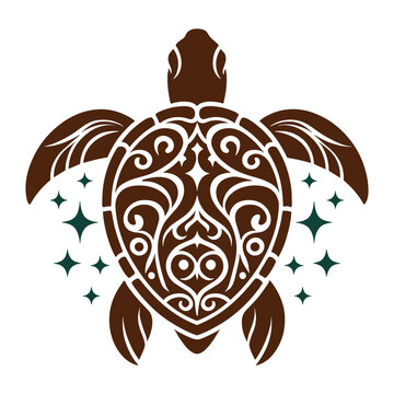 Decorative tribal turtle top view vector illustration with mandala-inspired patterns and surrounding stars. Perfect for marine-themed designs, tattoos, or summer decor