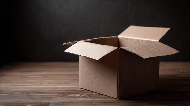 Open cardboard shipping box on wooden floor for packaging delivery storage e-commerce and logistics visuals