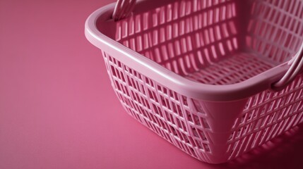 Obraz premium Pink plastic laundry basket on pink background with shadows for minimal retail container visuals