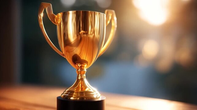 Golden trophy lit by spotlight with soft golden tones and shadows