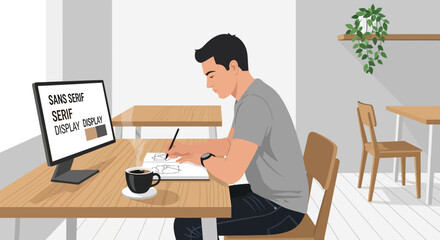 Creative Freelancer Visualizing Ideas Drawing On Sketchbook At Workplace