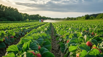 Strawberry field under irrigation at sunrise.