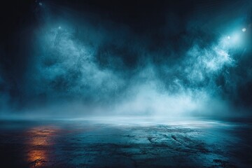 Dark, moody studio scene with dramatic lighting and smoky atmosphere on a textured concrete floor