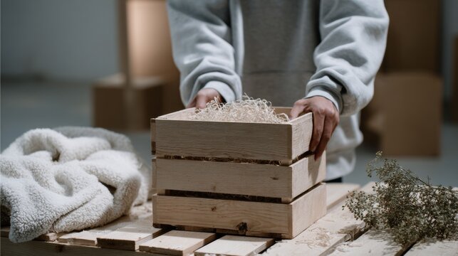 Hands holding box for delivery or packaging concept with casual clothes for ecommerce logistics visuals