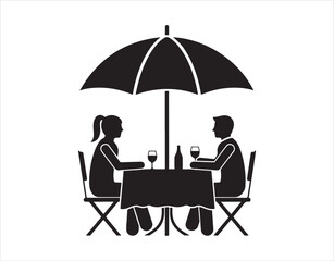 Two diners seated at a restaurant with an umbrella overhead, black silhouette, vector icon