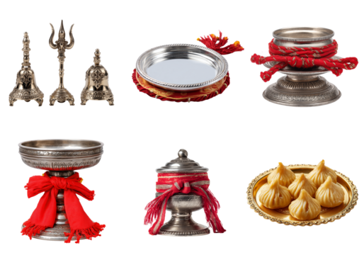 Silver Hindu Puja Bells Trident and Modak isolated on a transparent background