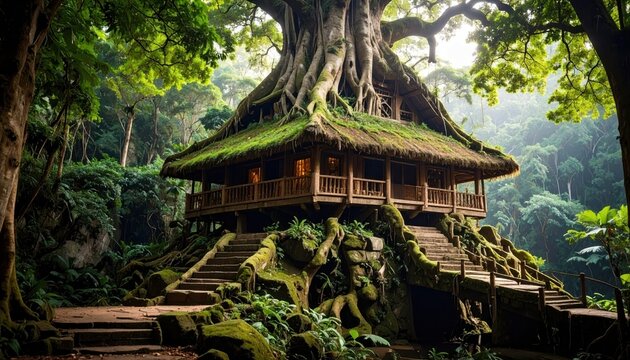 Treehouse in jungle forest with fantasy architecture, and scenic background.