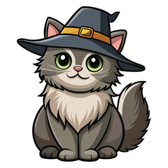 Obraz premium Cute fluffy grey cat wearing a witch hat for halloween