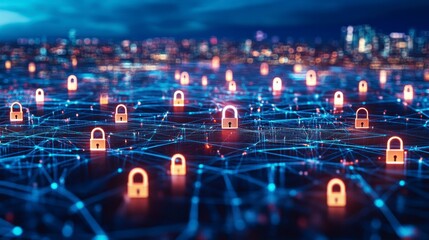 Fototapeta premium Network security concept illuminated padlocks on a digital network over a city at night.
