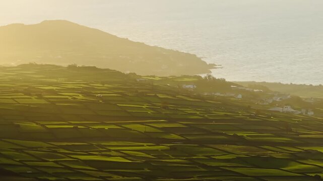 Aerial view of Pico Dona Joana with its terraced fields cascading towards the coast, bathed in soft golden light, geod&eacute;sico, Acores, Portugal.
