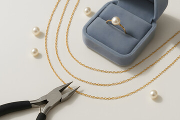Jewelry Photography Featuring Pearl Ring in Box with Gold Chains and Loose Pearls for Elegant Display