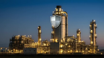 Illuminated industrial complex at twilight, featuring a large central tower with a prominent shield emblem