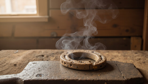 Antique horseshoe with smoke in village forge on wooden table  