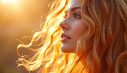 Young Woman with Flowing Hair Against a Warm Sunset Background