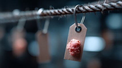 Small product hanging on rope with tag and bokeh background for handmade craft packaging branding visuals