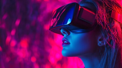 Futuristic woman wearing virtual reality headset surrounded by neon lights for immersive technology branding visuals