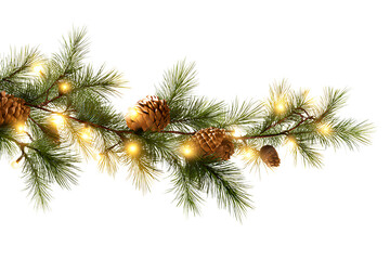 Christmas Pine Branch with Cones and Warm String Lights, Front View, Isolated on Transparent Background PNG