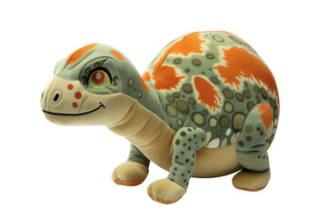 Fototapeta premium Plush turtle toy with colorful patterns displayed on a white background showcasing its playful design and soft texture