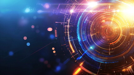 Obraz premium Abstract glowing circle with moving lines and particles. Technology background for data visualization and digital connectivity concept.