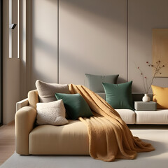 Cozy living room corner with green decorative pillows, a warm blanket, and a neutral cushion on a stylish chair