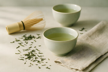 Traditional Matcha Tea Ceremony Setup with Matcha Powder, Bamboo Whisk and Cups for Japanese Culture