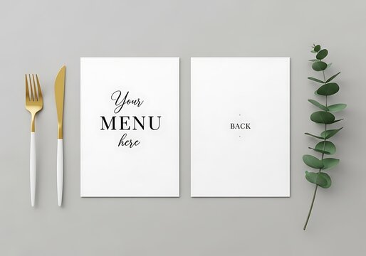White menu cards with gold cutlery and eucalyptus sprig on grey background blank empty