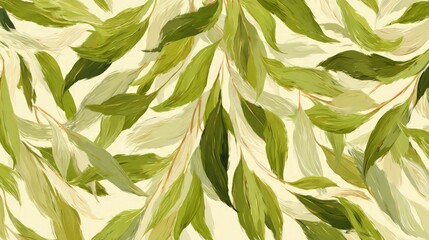 Abstract Pattern Of Green Leaves On Light Cream Background