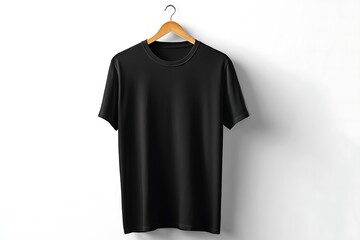 Black TShirt Mockup on Wooden Hanger against a Plain White Background