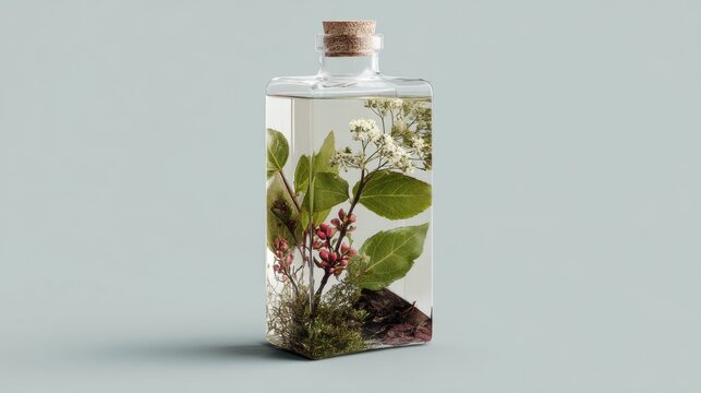 Glass bottle with herbs and botanical leaves in water for natural wellness elixir product branding