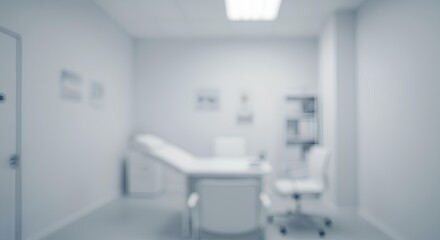 Modern Medical Office Interior White Walls, Exam Table And Chairs, Blurred Background