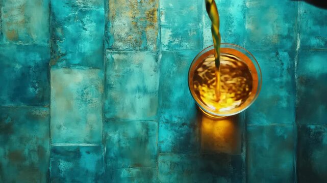 Pouring golden liquid into a glass on a textured blue surface, filling process and elegant