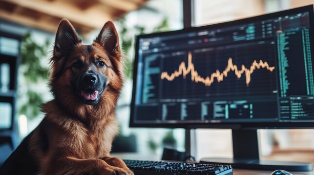 German Shepherd dog sits at a desk with a stock market graph on a computer monitor. - Powered by Adobe