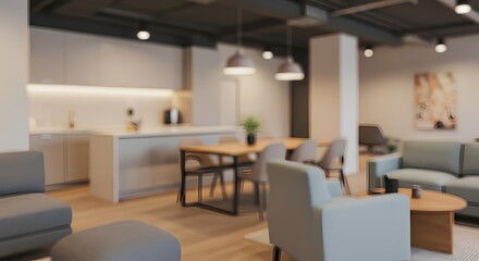 Fototapeta premium Modern Minimalist Apartment Interior With Open Concept Living Area And Neutral Color Palette, Blurred Background