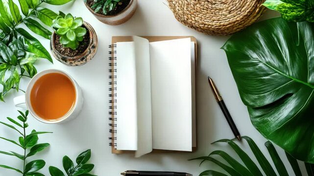 Invigorating workspace flat lay featuring lush foliage, notebook and herbal tea ambiance