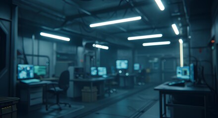 Futuristic Laboratory Interior With Blue Lighting And Multiple Computer Workstations, Blurred Background