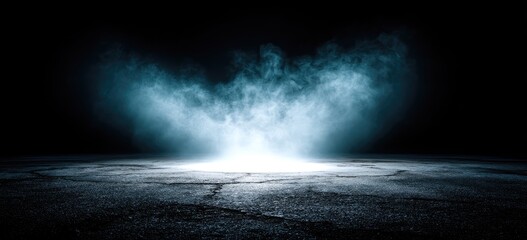 Empty asphalt surface bathed in a soft, light blue glow, with smoky haze above