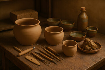 Pottery Studio Still Life Featuring Handmade Clay Vessels and Sculpting Tools on Rustic Wooden Table