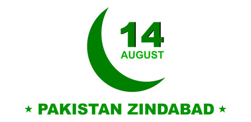 14 August Pakistan Zindabad Text Design with Crescent Moon – Patriotic Vector for Poster, Banner, Print, and Commercial Use