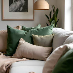 Cozy living room corner with green decorative pillows, a warm blanket, and a neutral cushion on a stylish chair