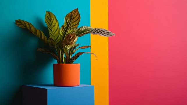 Colorful plant pot against multicolor background for home decoration and creative lifestyle branding visuals