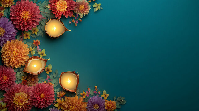 Floral Diwali Festival: A vibrant arrangement of colorful flowers and lit candles set against a turquoise backdrop, symbolizing the festive spirit of the Diwali celebration.