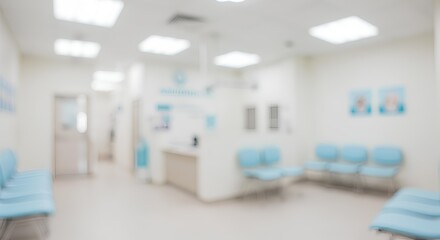 Modern Medical Clinic Waiting Area With Light Blue Chairs And White Walls, Blurred Background