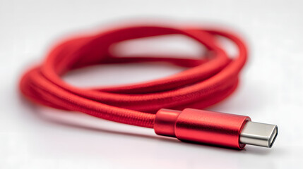 Bright red usb c charging cable coiled on white background