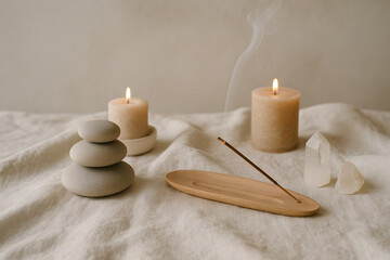 Serene Zen Still Life Composition Featuring Candles, Incense, and Stones for Peaceful Meditation Ambience