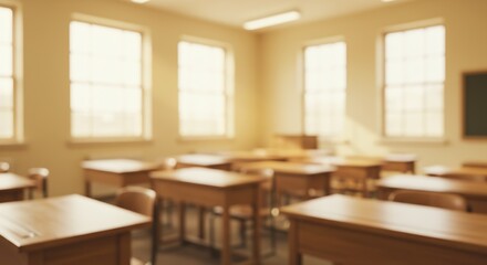 Empty Classroom With Wooden Desks And Sunlight Streaming Through Windows, Blurred Background
