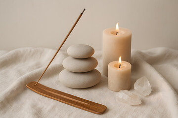 Serene Zen Still Life Arrangement with Candles, Incense, and Stones for Meditation and Tranquility