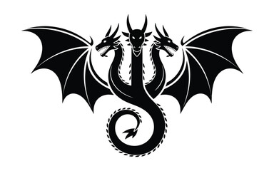 Black silhouette of a three headed dragon with bat wings